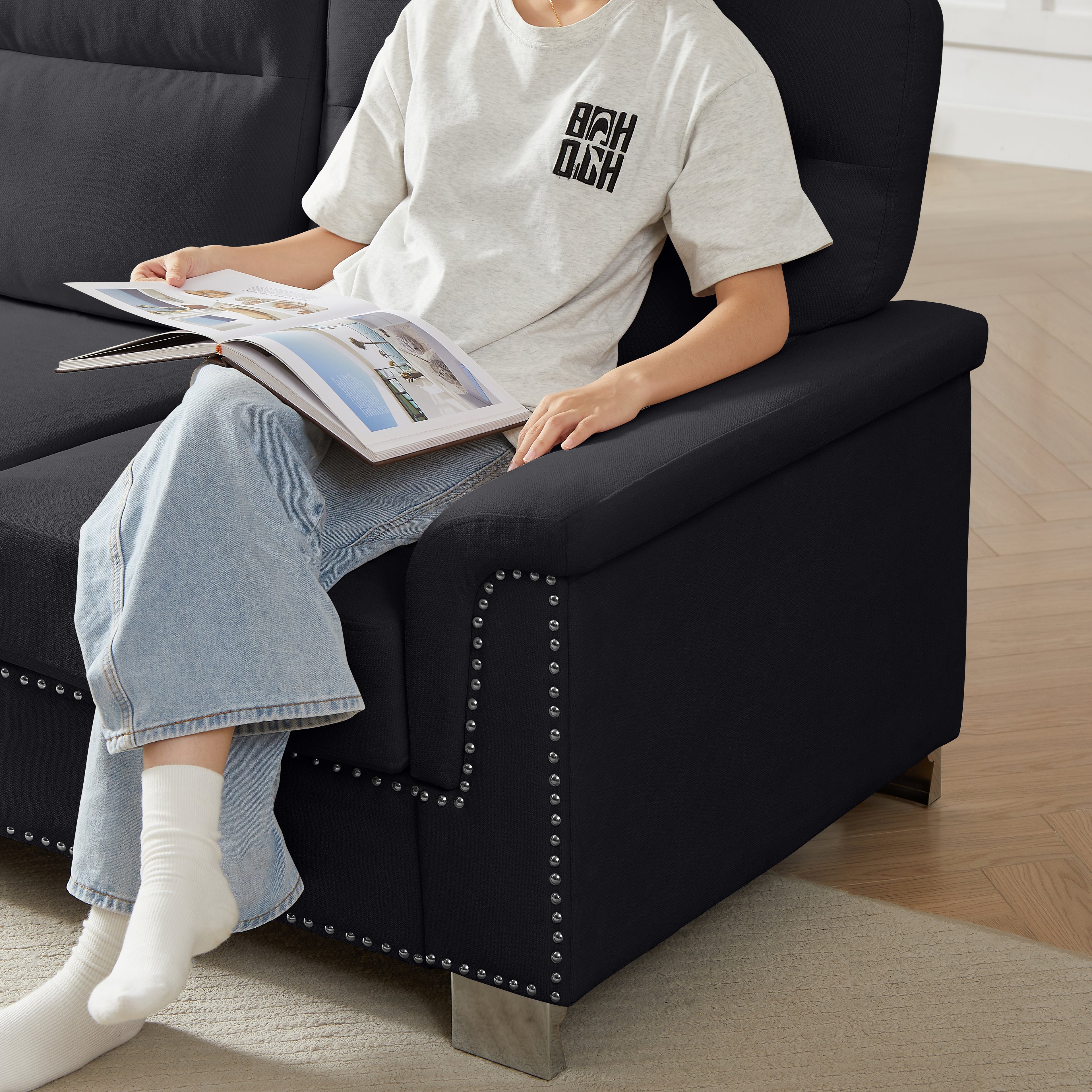 The BLACK FLEECE — 3-Seat Velvet Sofa in Black